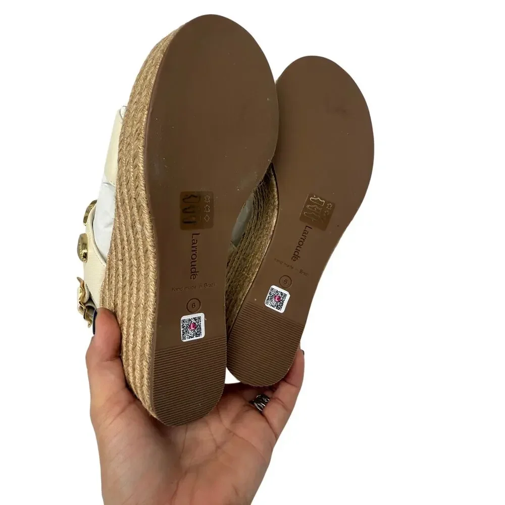 Larroudé Madison Hi Ivory Leather Seashell Wedge Espadrille Sandals Women's Sz 6